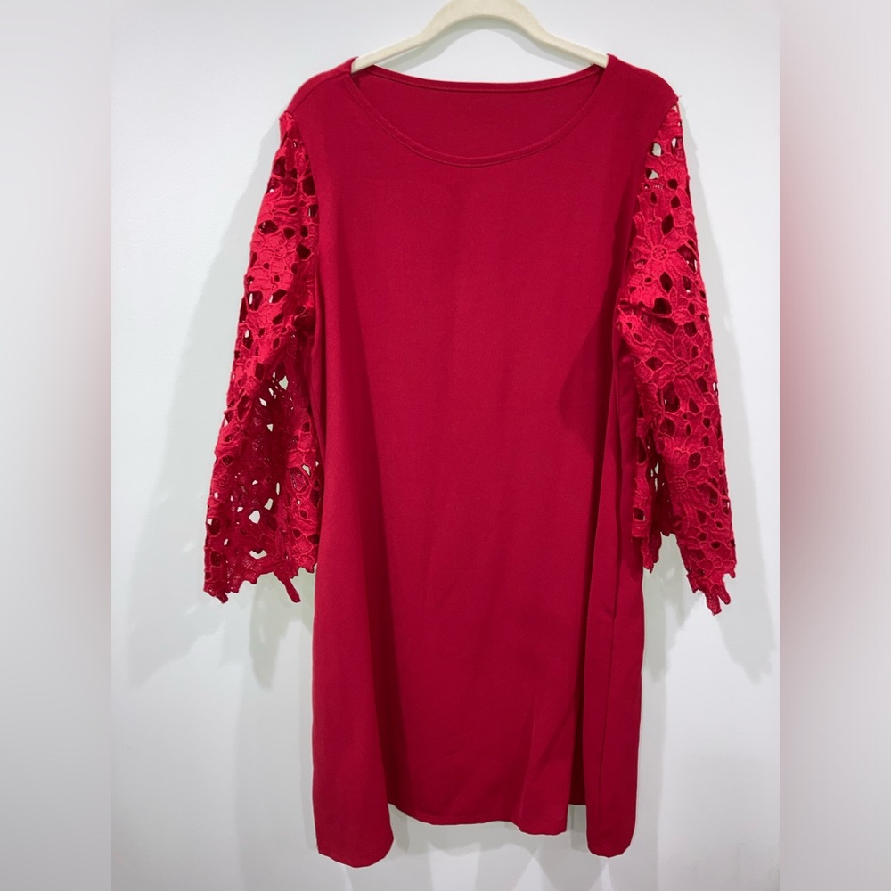 Classic Red Dress With Crochet-like Sleeves Size Large With Pockets
